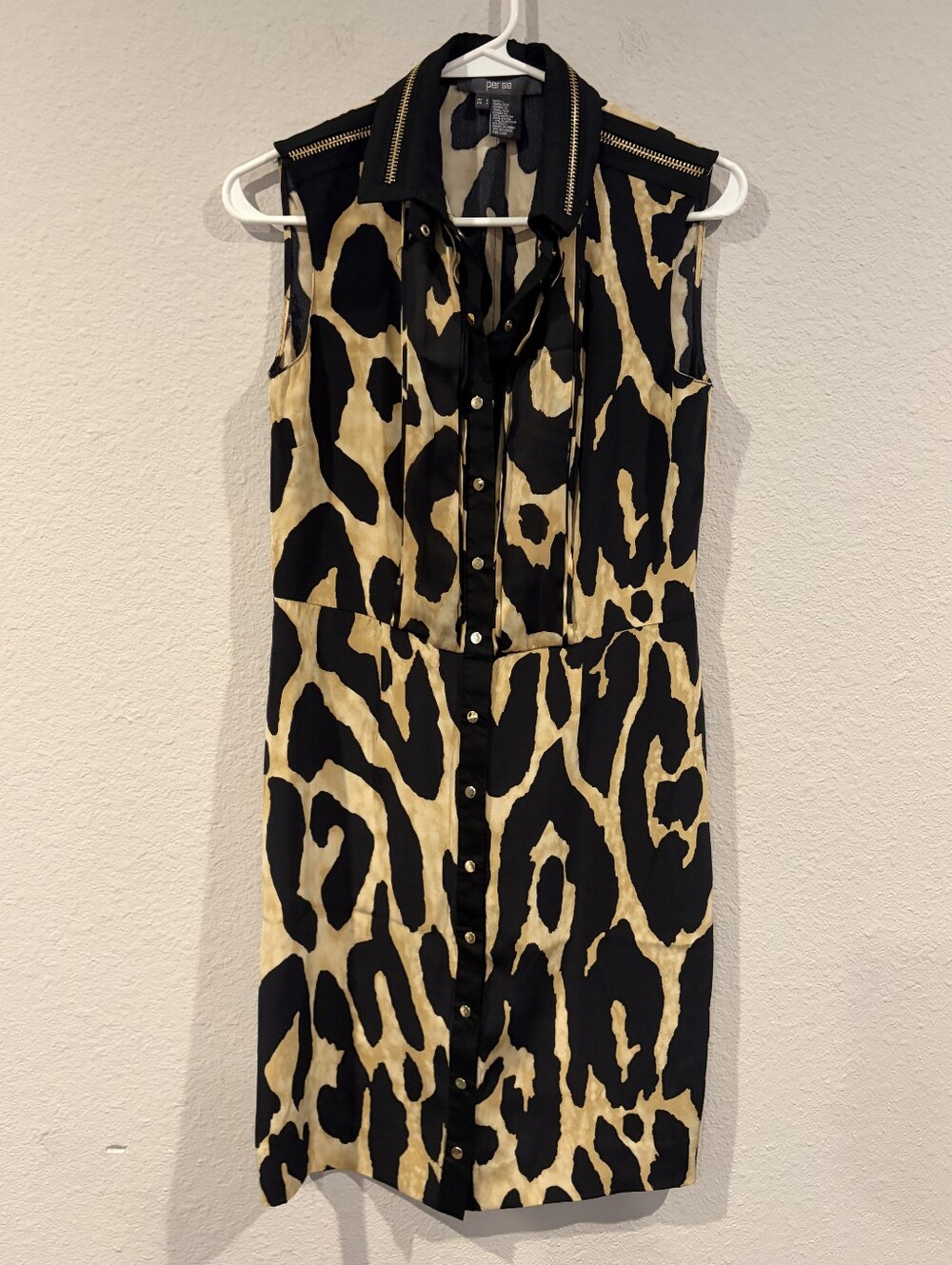 Per Se Womens 100% Silk Cheetah Print Sleeveless Button Up Mini Dress Size 0